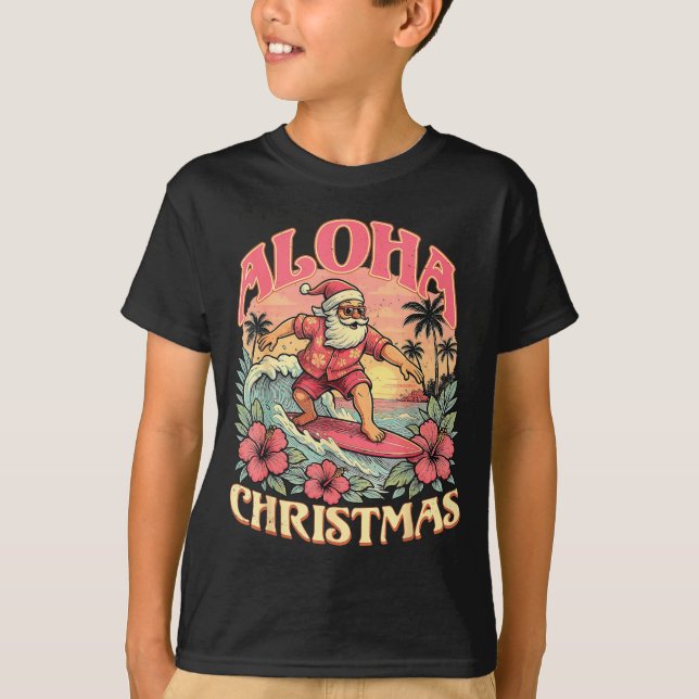 Camiseta Aloha Christmas Santa Claus Surfing Hawaiian Mele  (Frente)