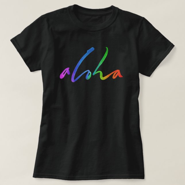 Camiseta Aloha Colorful Tropical Lettering - Havaí Hawai'i (Frente do Design)