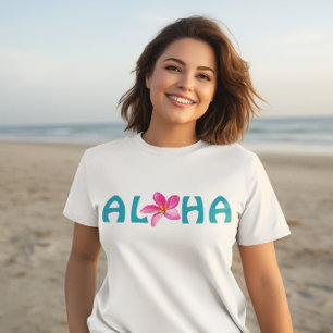 Camiseta Aloha Havaí Plumeria Floral Rosa Turquesa