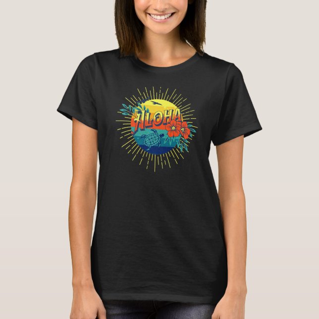 Camiseta Aloha Hawaiai Island Sea Turtle Flowers Aloha Haw (Frente)