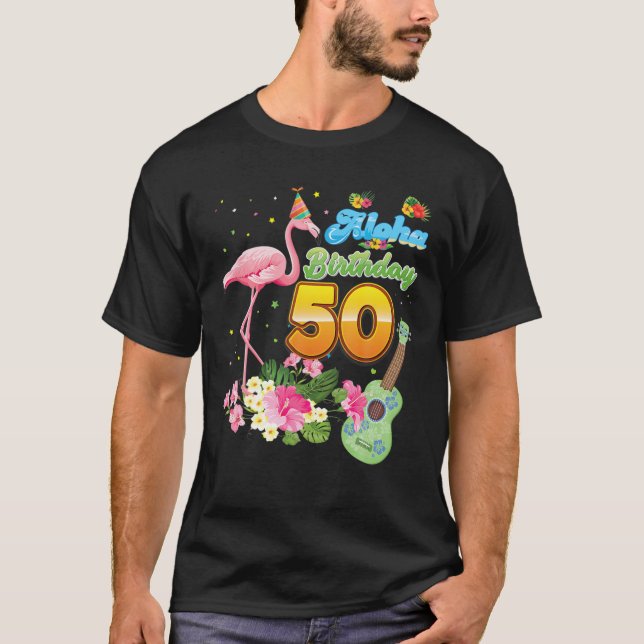Camiseta Aloha Hawaii 50º Aniversário 50 Anos Flamingo H (Frente)