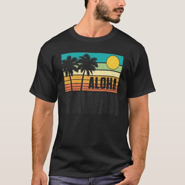 Camiseta Aloha Hawaii Beach Sunset Palm Trees Retro Summer (Frente)