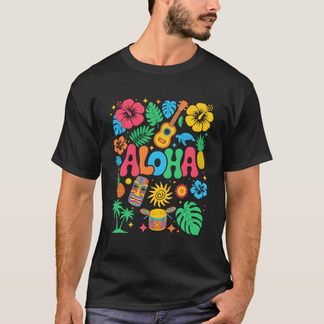 Camiseta Aloha Hawaii Boho Retro Shaka Hibiscus Fé (Frente)