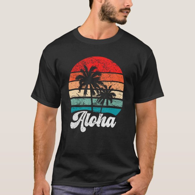 Camiseta Aloha Hawaii Hawaiian Island Palm Tree Beach Retro (Frente)
