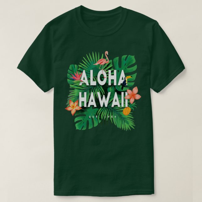 Camiseta Aloha Hawaii Ilha Havaiana Estado Flamingo Palm a (Frente do Design)
