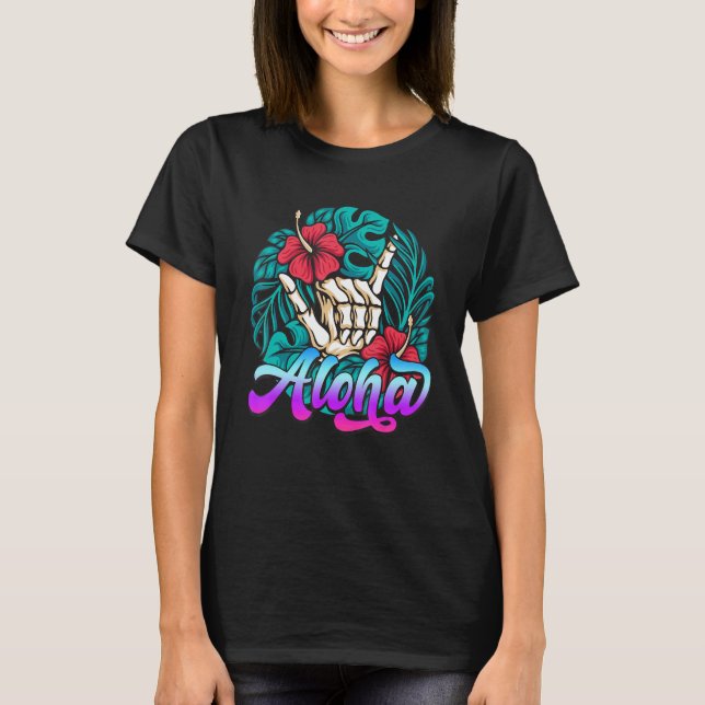 Camiseta Aloha Hawaiian Shaka Hand Sign Tropical Hibiscus B (Frente)
