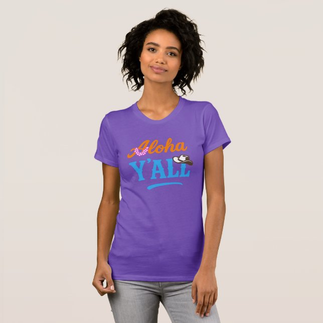 Camiseta Aloha Y'all Hawaii Texas Funny Purple Graphic (Frente Completa)