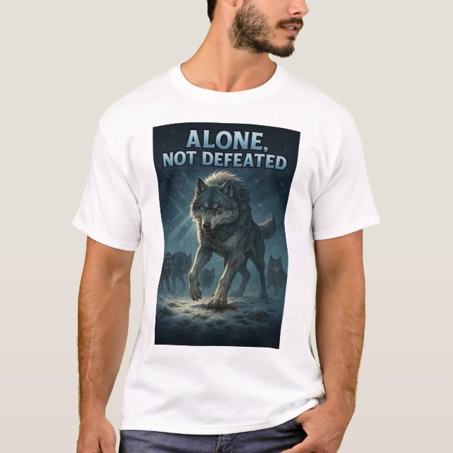 Camiseta Alone, Not Defeated | Motivational Wolf Art (Frente)