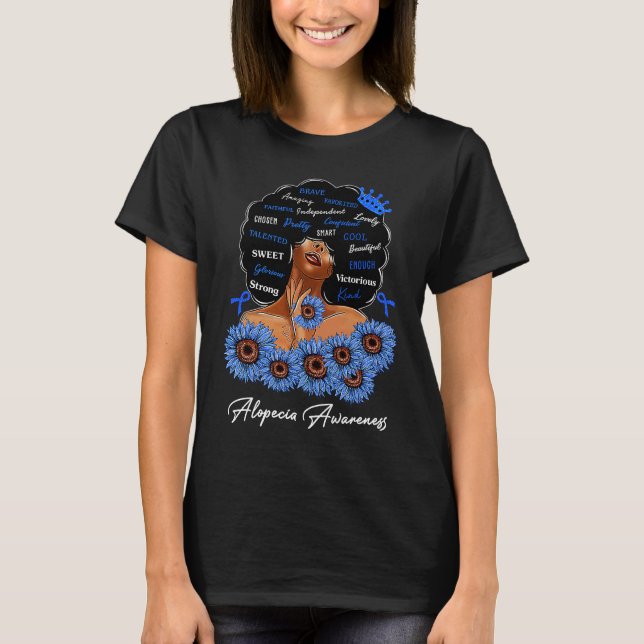 Camiseta Alopecia Awareness We Wear Blue Black Woman (Frente)