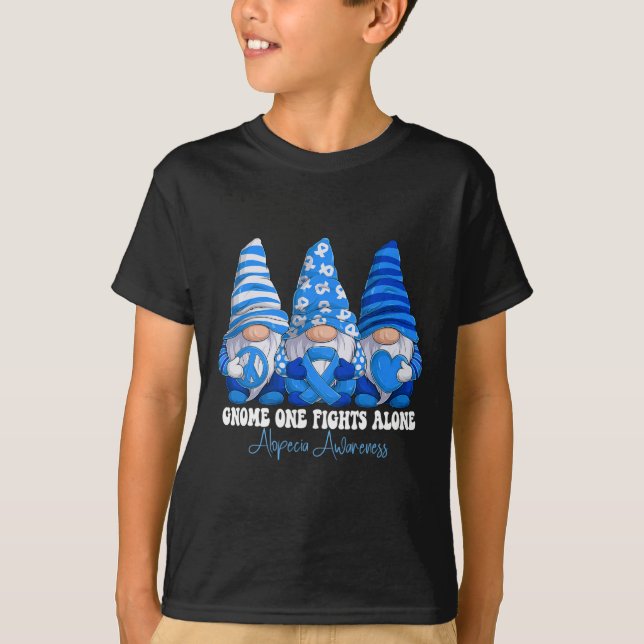 Camiseta Alopecia Sensibilização Mês Gnomias Azul de Fita S (Frente)