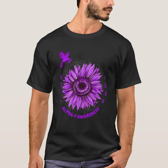 Camiseta Alpha 1 Awareness Ribbon Purple Sunflower Bird Hop (Frente)