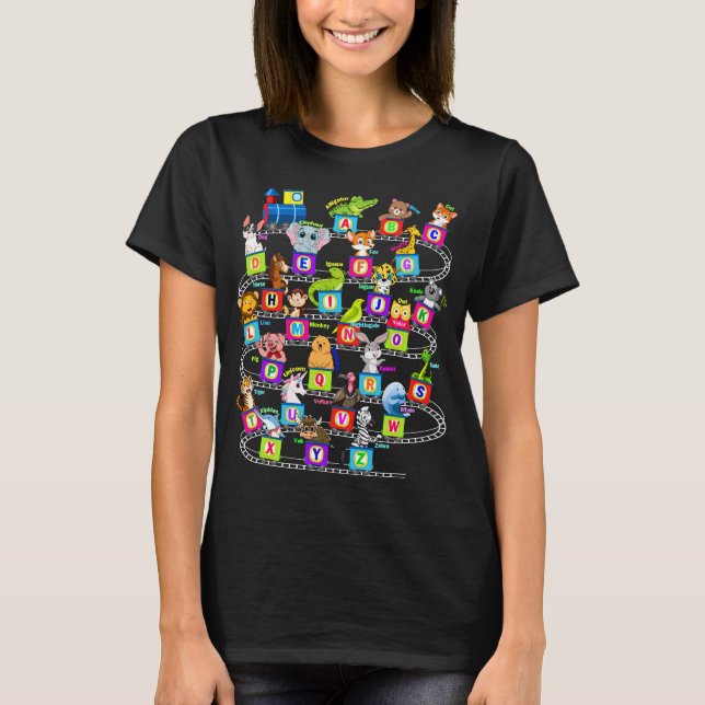 Camiseta Alphabet Animal ABCs Aprendendo Mulheres (Frente)
