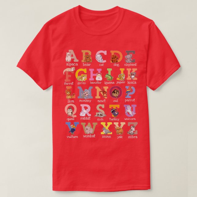 Camiseta Alphabet Kids Letters Cat Dog Ferret Hamster Parro (Frente do Design)