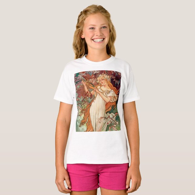Camiseta Alphonse Mucha, As Estações (1896) Primavera (Frente Completa)