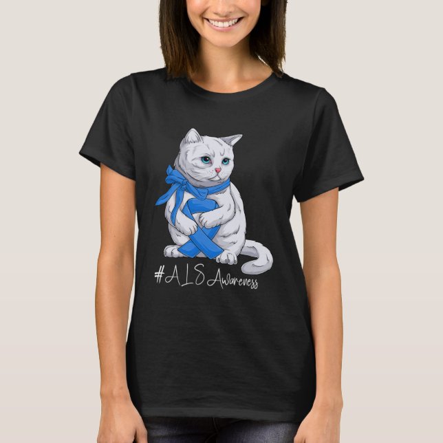 Camiseta ALS Awareness Month Blue Ribbon Cat (Frente)