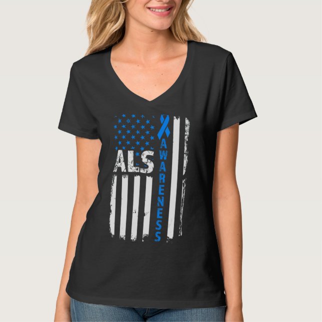 Camiseta Als Awarness Blue Ribbon USA Flag 2022 (Frente)