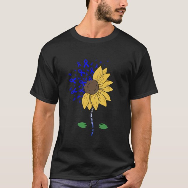 Camiseta Als Consciência Mês Fita Azul De Girassol Família  (Frente)