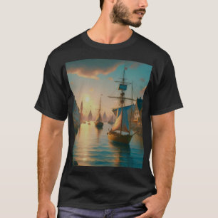 Camiseta alta Navios no rio na design do pôr do so