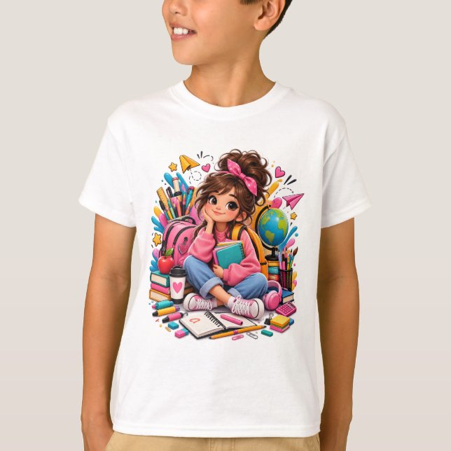 Camiseta Aluna Kawaii Fofa com Material Escolar  (Frente)