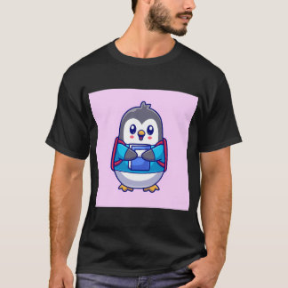 Camiseta Aluno de Pengüim Fofo Segurando Livro com Mochila