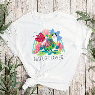 Camiseta Amante da Natureza Aquarela Pássaro Flores Arco-ír