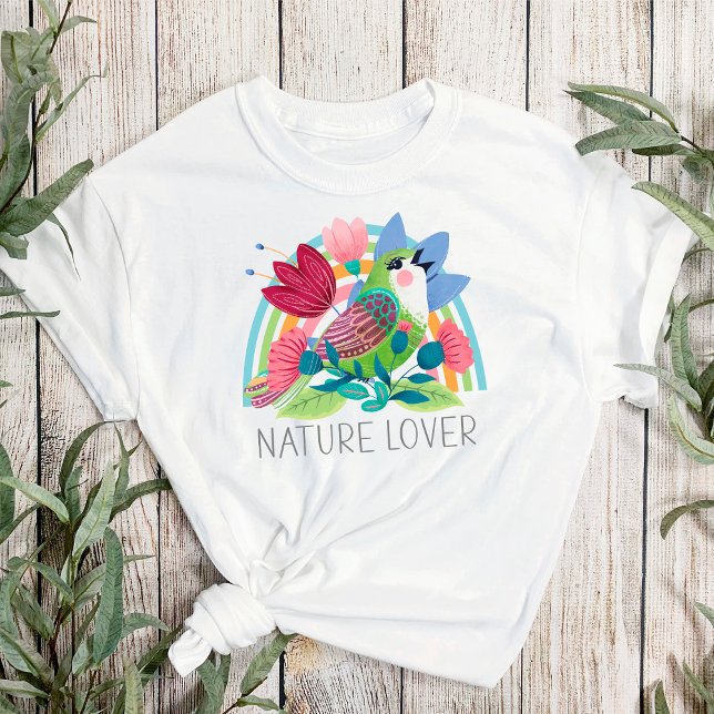 Camiseta Amante da Natureza Aquarela Pássaro Flores Arco-ír (Criador carregado)