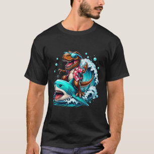 Camiseta Amante da Praia T-rex Dinossauro Montando Tubarão 