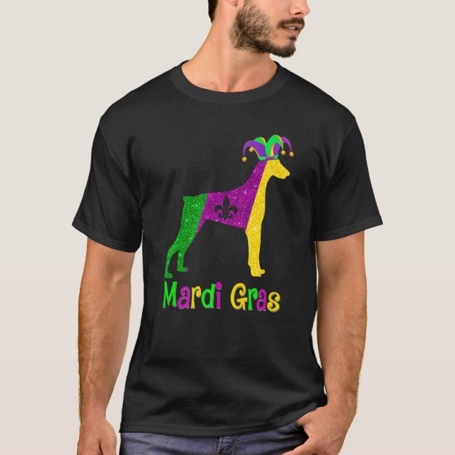 Camiseta Amante de Cães Doberman Carnaval Mardi Gras Bufa P (Frente)