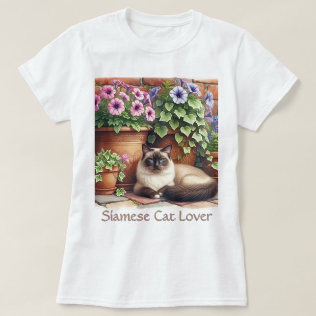 Camiseta Amante de Gato Siames / Flores de Petúnia Rosa  (Frente do Design)