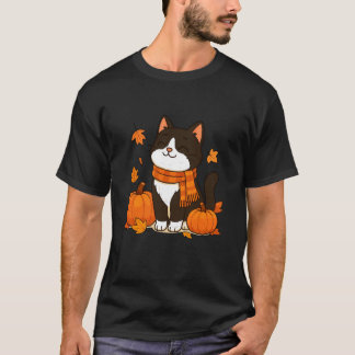 Camiseta Amante de Gatos Abóbora Folhas de Outono Estação d