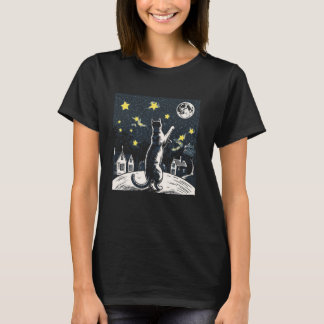 Camiseta Amante de Gatos Alcançando Estrelas Lua Céu Gatinh
