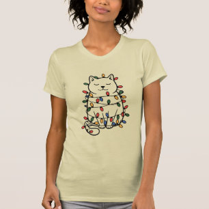 Camiseta Amante de Gatos Fofos Luzes de Natal Mãe de Gato N