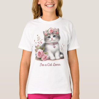 Camiseta Amante de Gatos Gatito Cinza Rosas Rosa