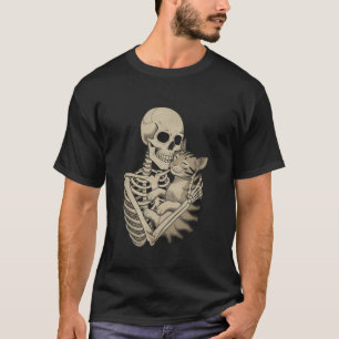 Camiseta Amante de Gatos Góticos - Esqueleto Abraçando um G