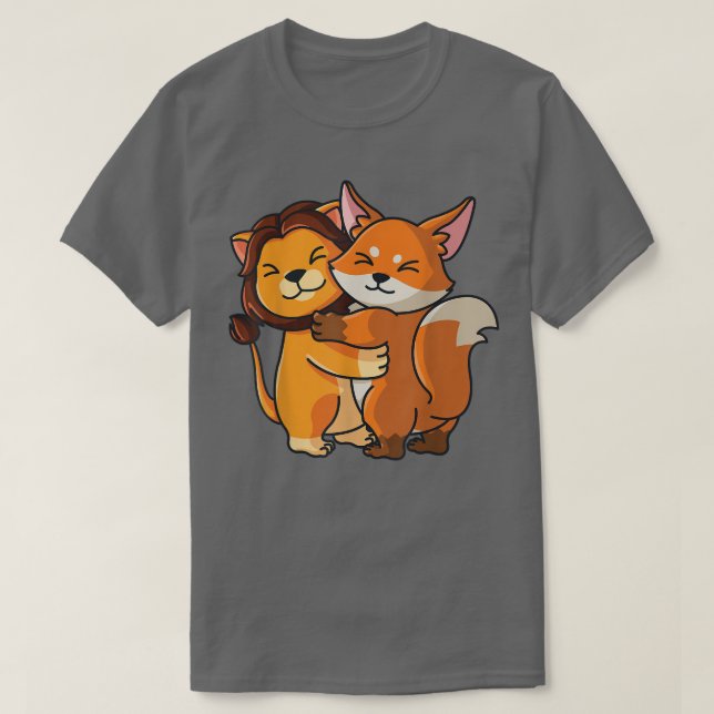 Camiseta Amante de os animais de Leão e Fo Hugging Cute Kaw (Frente do Design)