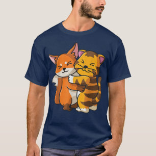 Camiseta Amante de os animais Fo e Tiger Hugging Cute Kawai