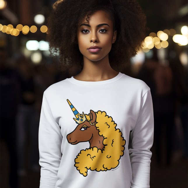 Camiseta Amarelo Afro Unicorn (AI generated model wearing long sleeve t-shirt)