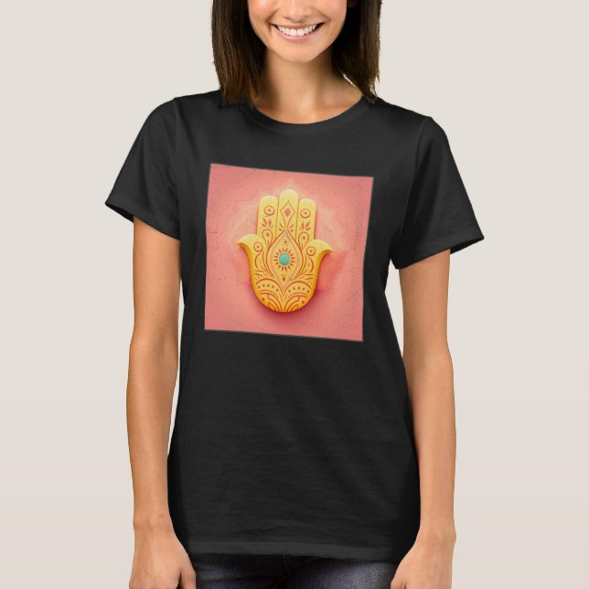 Camiseta Amarelo Hamsa Ilustração da Mão Pastel Mulheres Co (Frente)