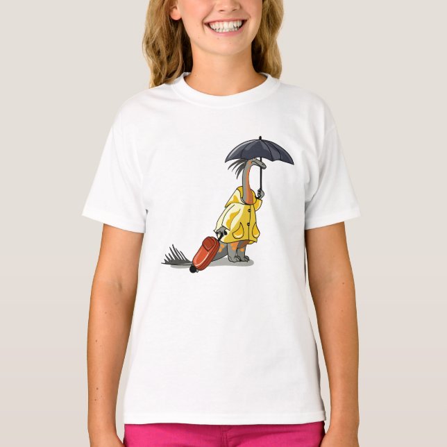 Camiseta Amargasaurus Segurando O Guarda-Chuva E A Mala. (Frente)