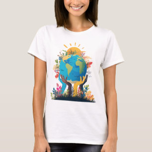 Camiseta Ambiente - Ilustração da Terra com Mão e Sol
