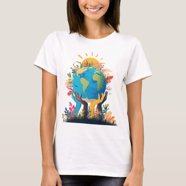 Camiseta Ambiente - Ilustração da Terra com Mão e Sol (Frente)
