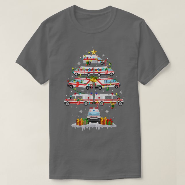 Camiseta Ambulância Árvore de Natal AMR Engraçado EMS EMT P (Frente do Design)