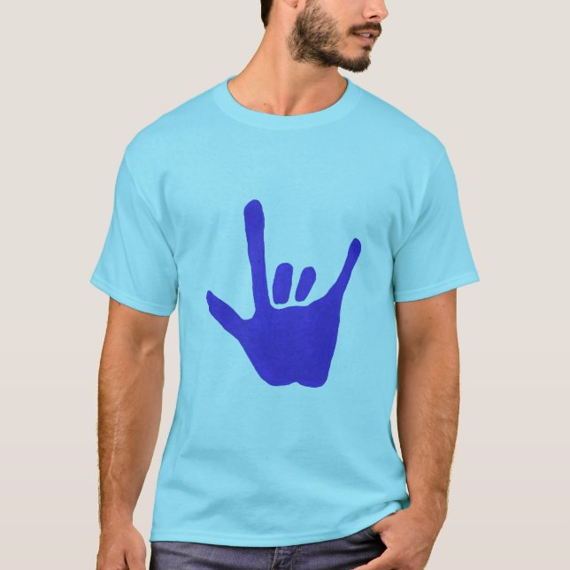 Camiseta Ame a mão, linguagem gestual, no azul, tshirt (Frente)