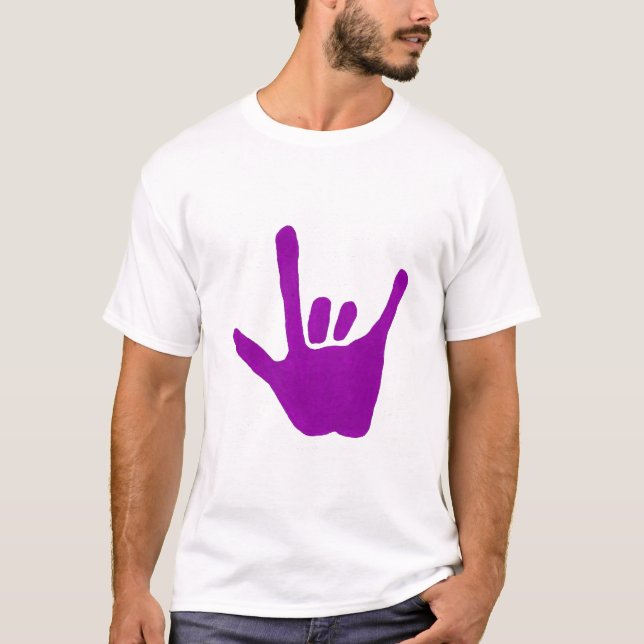 Camiseta Ame a mão, linguagem gestual no roxo no T (Frente)