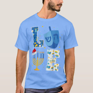 Camiseta Ame as Decorações de Hanukkah Dreidel Menorah Chan