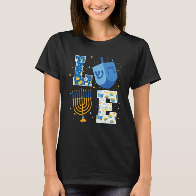 Camiseta Ame as Decorações de Hanukkah Dreidel Menorah Chan (Frente)