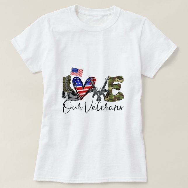Camiseta Ame Nossos Veteranos Militares Americanos Oferecem (Frente do Design)