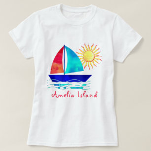Camiseta Amelia Island Férias Watercolor Sailboat
