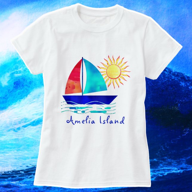 Camiseta Amelia Island Férias Watercolor Sailboat (Beautiful Amelia Island Sun and Sail Vacation shirt. Color choices available.)