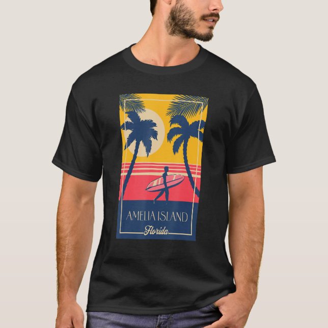 Camiseta Amelia Island Retro Surfer Beach Sunset De (Frente)
